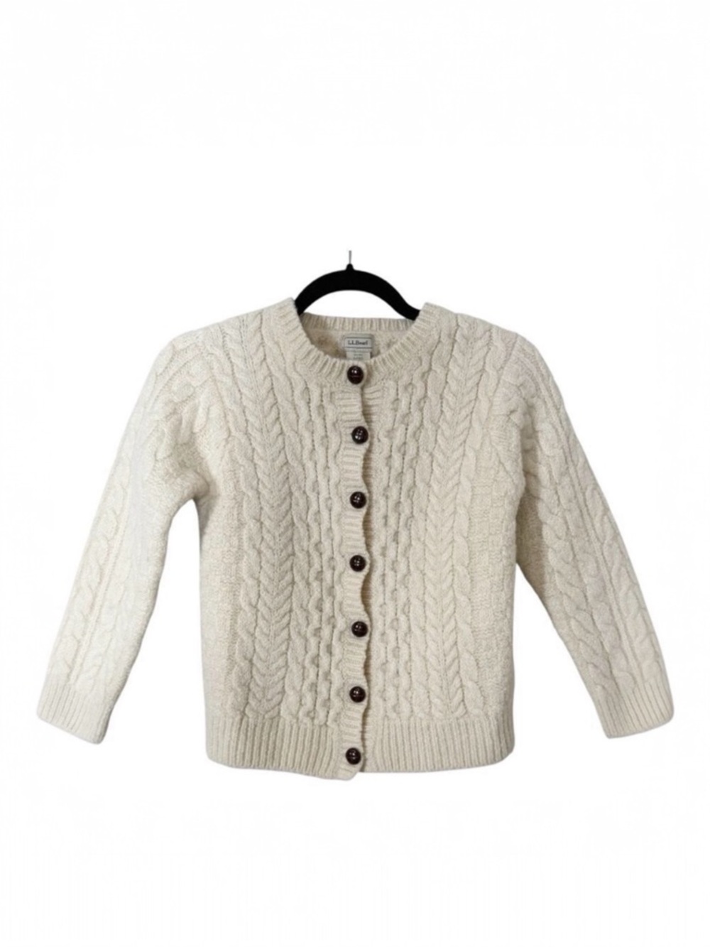 L.L. Bean Vintage Girls 100% Wool‎ Cream Ireland Cable Aran Knit Cardigan Small